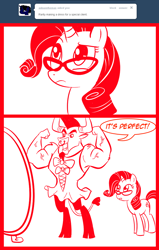 Size: 700x1100 | Tagged: safe, artist:madmax, iron will, rarity, pony, unicorn, clothes, comic, crossdressing, dress, glasses, madmax silly comic shop