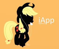 Size: 817x690 | Tagged: safe, artist:andreasbs, applejack, earth pony, pony, applejack's hat, blonde, blonde mane, blonde tail, cutie mark, female, headphones, ipod, mare, orange background, signature, silhouette, simple background, solo, text