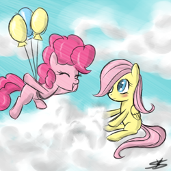 Size: 800x800 | Tagged: safe, artist:speccysy, fluttershy, pinkie pie, earth pony, pegasus, pony, balloon, cloud, cloudy, female, filly, foal, then watch her balloons lift her up to the sky