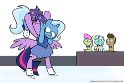 Size: 900x604 | Tagged: safe, artist:egophiliac, derpibooru import, doctor whooves, lyra heartstrings, merry may, trixie, twilight sparkle, twilight sparkle (alicorn), alicorn, earth pony, pegasus, pony, unicorn, background pony, bowtie, female, figure skating, ice skates, ice skating, inconvenient trixie, lyra's score, male, mare, meme, stallion, tumblr, tumblr:inconvenient trixie, woonoggles