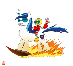 Size: 1100x1000 | Tagged: safe, artist:lordvader914, shining armor, pony, unicorn, actor allusion, bionicle, crossover, fire, happy birthday andrew francis, jaller, lego, matoran, simple background, sunglasses, transparent background, voice actor joke