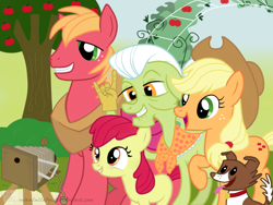 Size: 1024x768 | Tagged: safe, artist:swanlullaby, apple bloom, applejack, big macintosh, granny smith, winona, earth pony, pony, camera, family photo, hand, male, stallion