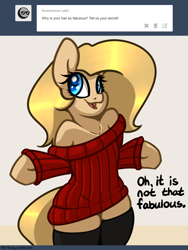 Size: 1280x1700 | Tagged: safe, artist:slavedemorto, oc, oc only, oc:backy, pony, bipedal, clothes, fabulous, off shoulder, off shoulder sweater, socks, solo, sweater, thigh highs, tumblr