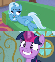 Size: 1280x1440 | Tagged: safe, derpibooru import, edit, edited screencap, screencap, trixie, twilight sparkle, pony, unicorn, road to friendship, top bolt, draw me like one of your french girls, exploitable meme, female, lesbian, looking back, mare, meme, out of context, prone, shipping, sofa, sultry pose, this will end in snu snu, twixie