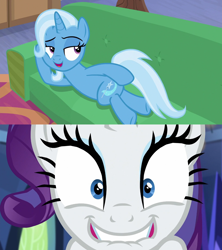 Size: 1280x1440 | Tagged: safe, derpibooru import, rarity, trixie, pony, unicorn, road to friendship, draw me like one of your french girls, exploitable meme, female, lesbian, mare, meme, rarixie, shipping, sofa, sultry pose