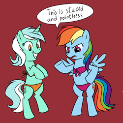 Size: 1000x1000 | Tagged: safe, artist:madmax, lyra heartstrings, rainbow dash, pegasus, pony, bikini, bipedal, clothes, colored, hilarious in hindsight, humie, irrational exuberance, swimsuit