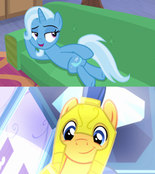 Size: 1280x1440 | Tagged: safe, derpibooru import, flash sentry, trixie, pegasus, pony, unicorn, equestria girls, equestria girls (movie), road to friendship, draw me like one of your french girls, female, looking back, male, mare, prone, sentrixie, shipping, sofa, stallion, straight, sultry pose