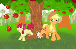 Size: 819x536 | Tagged: safe, artist:bibliodragon, apple bloom, applejack, earth pony, pony, apple, tree