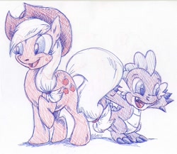 Size: 700x608 | Tagged: safe, artist:razzek, applejack, spike, dragon, earth pony, pony, female, male, traditional art