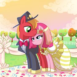 Size: 900x900 | Tagged: safe, artist:madmax, edit, big macintosh, pinkie pie, earth pony, pony, magical mystery cure, element of honesty, male, pinkamena diane pie, pinkiemac, shipping, stallion, straight, swapped cutie marks, wedding