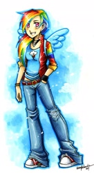 Size: 1284x2355 | Tagged: safe, artist:valen-larae, rainbow dash, clothes, converse, humanized, jacket, jeans, shoes, sneakers, solo, winged humanization, wristband