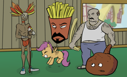 Size: 1322x801 | Tagged: safe, artist:madmax, scootaloo, aqua teen hunger force, billywitchdoctor.com, carl, carl brutananadilewski, crossover, frylock, meatwad, parody, scootachicken, scootaloo can't fly