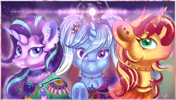 Size: 3800x2159 | Tagged: safe, artist:ilynalta, derpibooru import, starlight glimmer, sunset shimmer, trixie, pony, unicorn, clothes, counterparts, female, high res, horn ring, looking at you, magic, magical trio, mare, open collaboration, printable, smiling, speedpaint available, trio, twilight's counterparts, underhoof