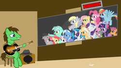 Size: 2696x1517 | Tagged: safe, artist:veggie55, derpibooru import, apple bloom, applejack, derpy hooves, dj pon-3, fluttershy, lyra heartstrings, octavia melody, pinkie pie, rainbow dash, rarity, scootaloo, spike, sweetie belle, trixie, twilight sparkle, vinyl scratch, oc, oc:mysterious light, dragon, earth pony, pegasus, pony, unicorn, bipedal, cutie mark crusaders, eyes closed, guitar, hat, mane seven, mane six, muffin, musical instrument, recording, sitting