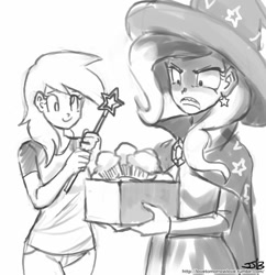 Size: 833x862 | Tagged: safe, artist:johnjoseco, derpibooru import, derpy hooves, trixie, human, grayscale, humanized, magic, monochrome, muffin