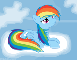 Size: 2880x2250 | Tagged: safe, artist:electronvolt, artist:skipsy, rainbow dash, pegasus, pony, cloud, female, fluffy mane, high res, looking up, lying down, mare, sky, solo