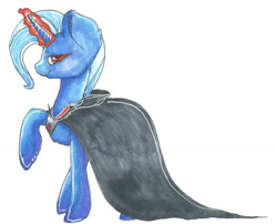 Size: 1024x827 | Tagged: safe, artist:silleloveart, derpibooru import, trixie, pony, unicorn, alicorn amulet, cape, clothes, female, glowing eyes, mare, simple background, solo, traditional art
