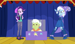 Size: 2328x1368 | Tagged: safe, artist:3d4d, derpibooru import, granny smith, starlight glimmer, trixie, equestria girls, mirror magic, road to friendship, spoiler:eqg specials, beanie, boots, clothes, equestria girls interpretation, hand on hip, hat, high heel boots, pants, ripped pants, scene interpretation, shoes, skirt, wizard hat