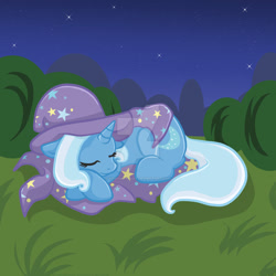 Size: 1024x1024 | Tagged: safe, artist:yoshimarsart, derpibooru import, trixie, pony, cape, clothes, deviantart watermark, hat, obtrusive watermark, sleeping, solo, trixie's cape, trixie's hat, watermark