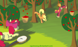 Size: 1650x990 | Tagged: safe, artist:equinox23, apple bloom, applejack, big macintosh, earth pony, pony, applebucking, male, stallion