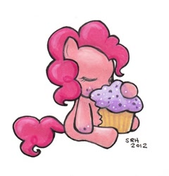 Size: 350x364 | Tagged: safe, artist:sakky-attack, pinkie pie, earth pony, pony, cupcake, female, mare, pink coat, pink mane, sleeping