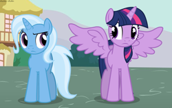 Size: 1500x950 | Tagged: safe, artist:asika-aida, artist:lonely-frostflower, derpibooru import, trixie, twilight sparkle, twilight sparkle (alicorn), alicorn, pony, female, height difference, mare, size difference