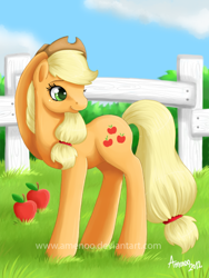 Size: 400x533 | Tagged: safe, artist:amenoo, applejack, earth pony, pony, female, mare, obligatory apple, solo