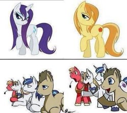 Size: 357x317 | Tagged: safe, artist:gasmaskfox, big macintosh, braeburn, doctor whooves, prince blueblood, rarity, shining armor, earth pony, pony, unicorn, 4koma, comic, everypony's gay for braeburn, exploitable meme, gay, male, reaction guys, reaction image, stallion, wet, wet mane, wet mane rarity