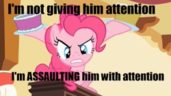 Size: 805x455 | Tagged: safe, pinkie pie, earth pony, pony, female, image macro, mare, meme, pink coat, pink mane, reaction image