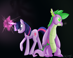 Size: 1000x800 | Tagged: safe, artist:roxdragonz, derpibooru import, spike, twilight sparkle, dragon, pony, unicorn, female, mare