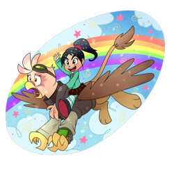 Size: 1500x1500 | Tagged: safe, artist:madmax, oc, oc:paharita, griffon, fallout equestria, fallout equestria: anywhere but here, crossover, fanfic art, partial background, rainbow, sugar rush, vanellope von schweetz, wreck-it ralph