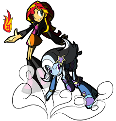 Size: 2100x2200 | Tagged: safe, artist:rvceric, derpibooru import, sunset shimmer, trixie, equestria girls, clothes, fiery shimmer, fire, pixiv, pyromancy, simple background, skirt, smokescreen, transparent background