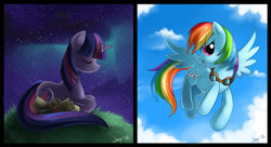 Size: 1000x542 | Tagged: safe, artist:jiayi, derpibooru import, rainbow dash, twilight sparkle, pegasus, pony, unicorn, duo, duo female, female, mare