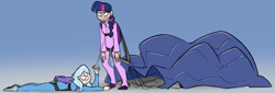 Size: 1591x543 | Tagged: safe, artist:egophiliac, derpibooru import, trixie, twilight sparkle, human, air ponyville, blue background, braid, clothes, colored, duo, humanized, inconvenient trixie, jumpsuit, parachute, simple background, sketch, woonoggles