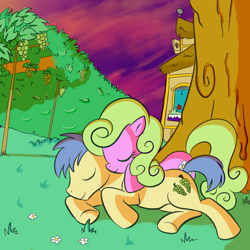 Size: 1000x1000 | Tagged: safe, artist:madmax, artist:tggeko, daisy, flower wishes, goldengrape, sir colton vines iii, daisygrape, female, grapes, male, shipping, sleeping, straight, tree, vinyard