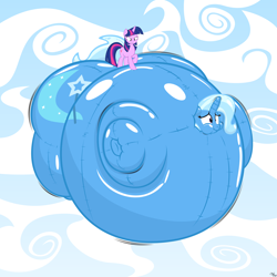 Size: 2500x2500 | Tagged: dead source, safe, artist:navitaserussirus, derpibooru import, trixie, twilight sparkle, balloonie pony, original species, unicorn, blimp, inanimate tf, inflatable, inflation, puffy cheeks, transformation