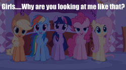 Size: 1280x718 | Tagged: safe, derpibooru import, applejack, fluttershy, pinkie pie, rainbow dash, twilight sparkle, earth pony, pegasus, pony, bedroom eyes, bronybait, fourth wall