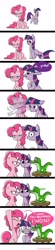 Size: 700x3205 | Tagged: safe, artist:cobracookies, derpibooru import, gummy, pinkie pie, twilight sparkle, alligator, earth pony, pony, unicorn, bipedal, blinking, comic, frown, pinkie being pinkie, raised hoof, smiling, staring contest, stool, surprised, text