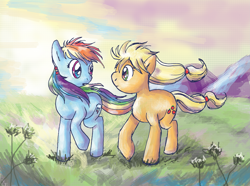 Size: 2935x2187 | Tagged: safe, artist:lotothetrickster, applejack, rainbow dash, earth pony, pegasus, pony, appledash, female, high res, lesbian, shipping, windswept mane