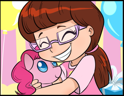 Size: 641x496 | Tagged: safe, artist:madmax, pinkie pie, human, cute, glasses, heartwarming, hug, plushie, target demographic