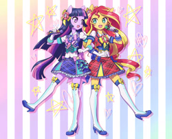 Size: 1415x1146 | Tagged: safe, artist:pimmy, sunset shimmer, twilight sparkle, twilight sparkle (alicorn), alicorn, equestria girls, rainbow rocks, clothes, cosplay, cute, dress, duo, heart, microphone, no pupils, open mouth, pixiv, ponied up, pripara, singing, stars, stockings, thigh highs