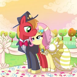 Size: 500x500 | Tagged: safe, artist:madmax, edit, big macintosh, fluttershy, earth pony, pegasus, pony, clothes, dress, fluttermac, male, shipping, stallion, straight, swapped cutie marks, wedding, wedding dress