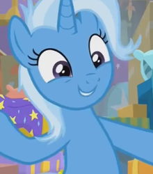 Size: 708x806 | Tagged: safe, derpibooru import, screencap, trixie, pony, unicorn, road to friendship, cropped, female, mare, messy mane, needs more jpeg, smiling, solo