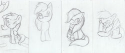 Size: 4661x1987 | Tagged: safe, artist:greenfinger, princess luna, oc, alicorn, earth pony, pegasus, pony, unicorn, clothes, coat, glasses, monochrome, scarf, sketch, sketch dump, traditional art