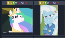 Size: 769x450 | Tagged: safe, derpibooru import, princess celestia, trixie, better together, equestria girls, forgotten friendship, derpibooru, female, juxtaposition, meta, serious, serious face, smiling