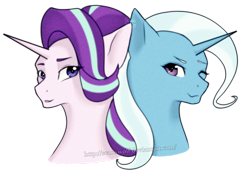 Size: 1024x720 | Tagged: safe, artist:scariswolf, derpibooru import, starlight glimmer, trixie, pony, unicorn, looking at each other, one eye closed, simple background, transparent background, wink