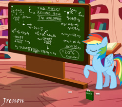 Size: 1024x902 | Tagged: safe, artist:jrenon, rainbow dash, pegasus, pony, 20% cooler, chalk, chalkboard, eyes closed, female, mare, physics, raised hoof, signature, smiling, solo