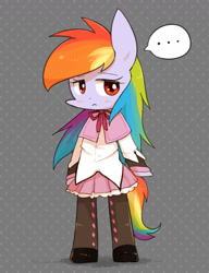 Size: 1000x1300 | Tagged: safe, artist:joycall6, rainbow dash, pegasus, pony, semi-anthro, ..., abstract background, bipedal, blushing, bowtie, clothes, female, homura akemi, mare, puella magi madoka magica, rainbow dash always dresses in style, skirt, solo, stockings, thigh highs, wingless