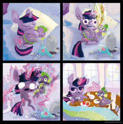 Size: 1280x1293 | Tagged: safe, artist:cygaj, derpibooru import, spike, twilight sparkle, dragon, adorkable, breakfast, burning, cute, dork, electrocution, hug, magic, mama twilight, sleeping