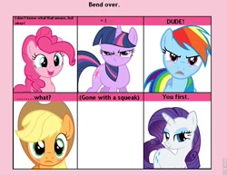 Size: 716x552 | Tagged: safe, derpibooru import, applejack, fluttershy, pinkie pie, rainbow dash, rarity, twilight sparkle, earth pony, pegasus, pony, unicorn, 6 pony meme, bend over, exploitable meme, mane six, meme